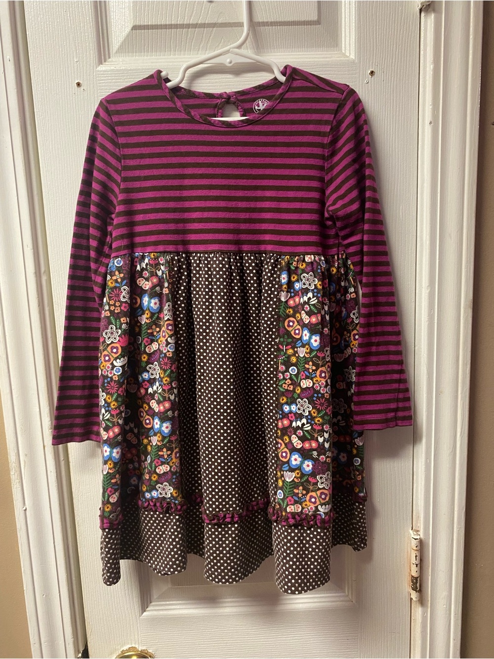Girls' Purple Striped & Floral Long-Sleeve Dress